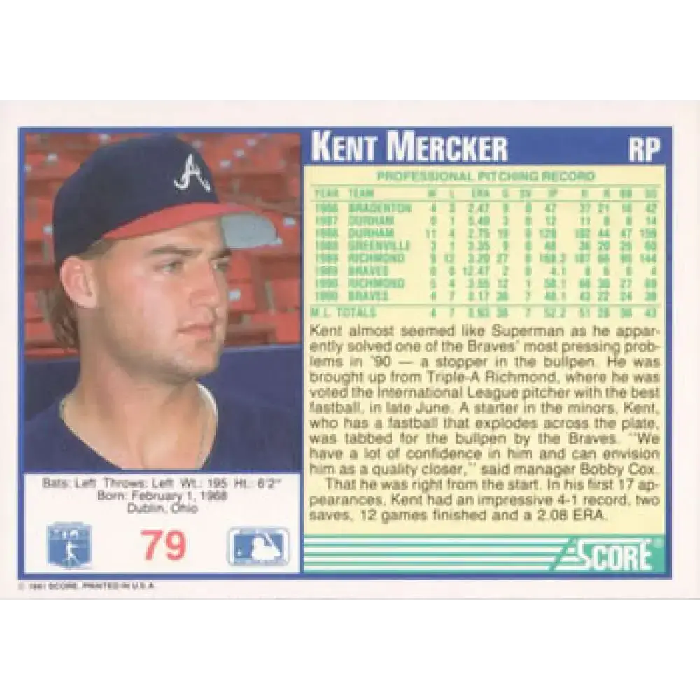 1991 Score #79 Kent Mercker NM-MT Atlanta Braves Baseball Card - Baseball Card Single