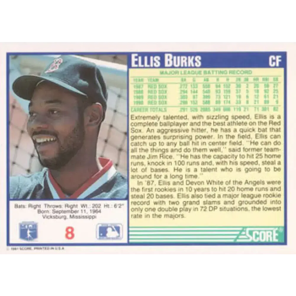1991 Score #8 Ellis Burks NM-MT Boston Red Sox Baseball Card - Baseball Card Single