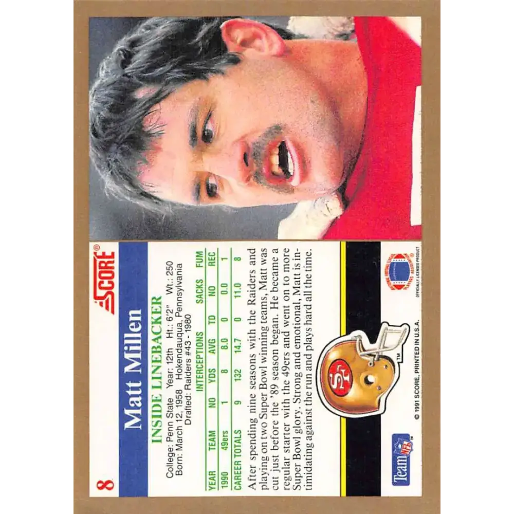 1991 Score #8 Matt Millen EX Excellent San Francisco 49ers Football Card - Football Card Single