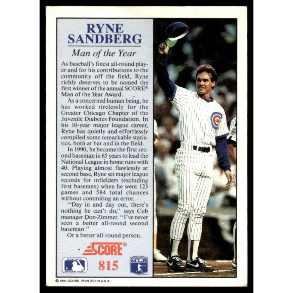 1991 Score #815 Ryne Sandberg EX Chicago Cubs Baseball Card - Baseball Card Single