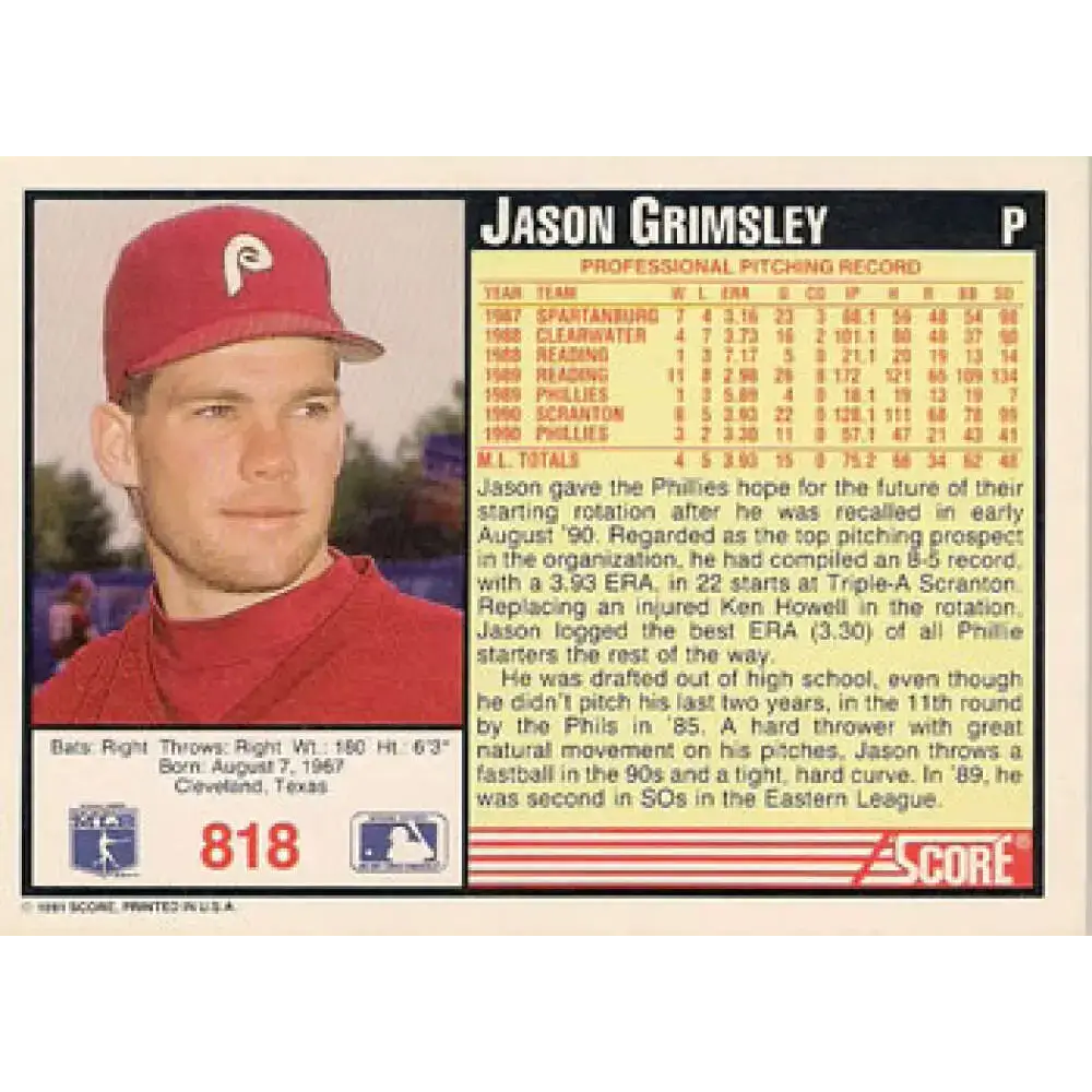 1991 Score #818 Jason Grimsley NM-MT Philadelphia Phillies Baseball Card - Baseball Card Single
