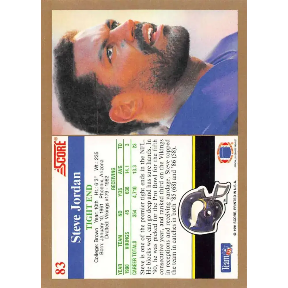 1991 Score #83 Steve Jordan EX Excellent Minnesota Vikings Football Card - Football Card Single