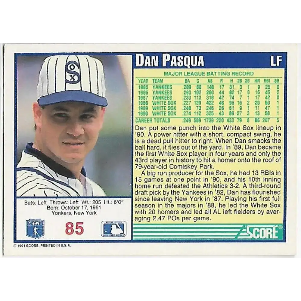 1991 Score #85 Dan Pasqua NM-MT Chicago White Sox Baseball Card - Baseball Card Single