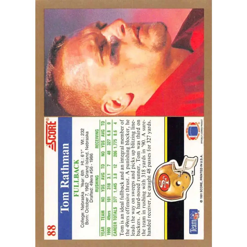 1991 Score #88 Tom Rathman EX Excellent San Francisco 49ers Football Card - Football Card Single
