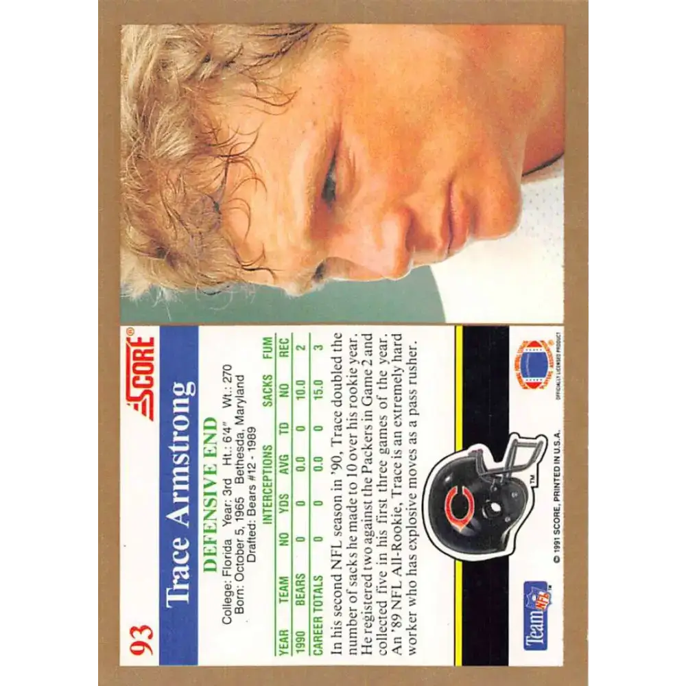 1991 Score #93 Trace Armstrong EX Excellent Chicago Bears Football Card - Football Card Single