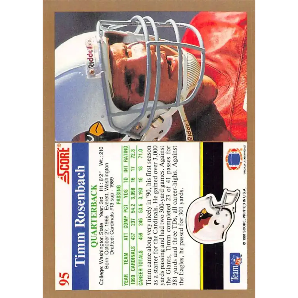 1991 Score #95 Timm Rosenbach EX Excellent Phoenix Cardinals Football Card - Football Card Single