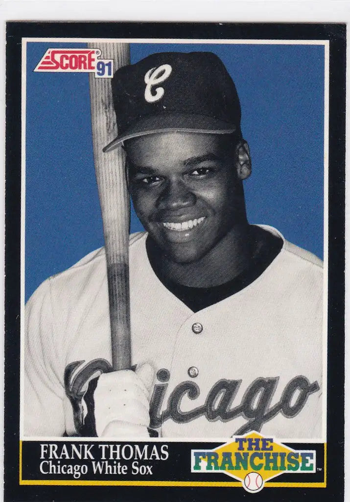 Baseball card of smiling Frank Thomas from Chicago White Sox, a must-have for trading cards