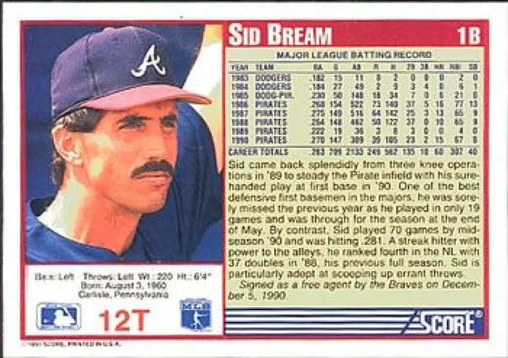 1991 Score Rookie and Traded #12T Sid Bream NM-MT Atlanta Braves Baseball Card - Baseball Card Single