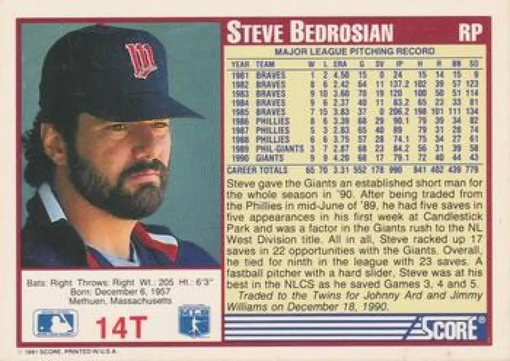 1991 Score Rookie and Traded #14T Steve Bedrosian NM-MT Minnesota Twins Baseball Card - Baseball Card Single