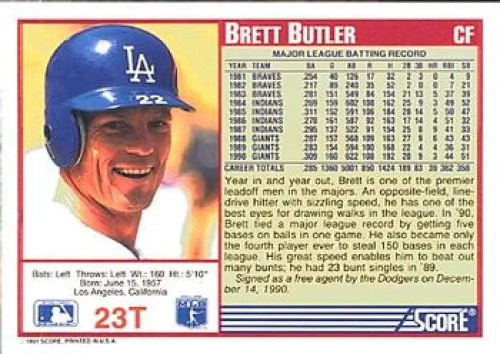 1991 Score Rookie and Traded #23T Brett Butler NM-MT Los Angeles Dodgers Baseball Card - Baseball Card Single