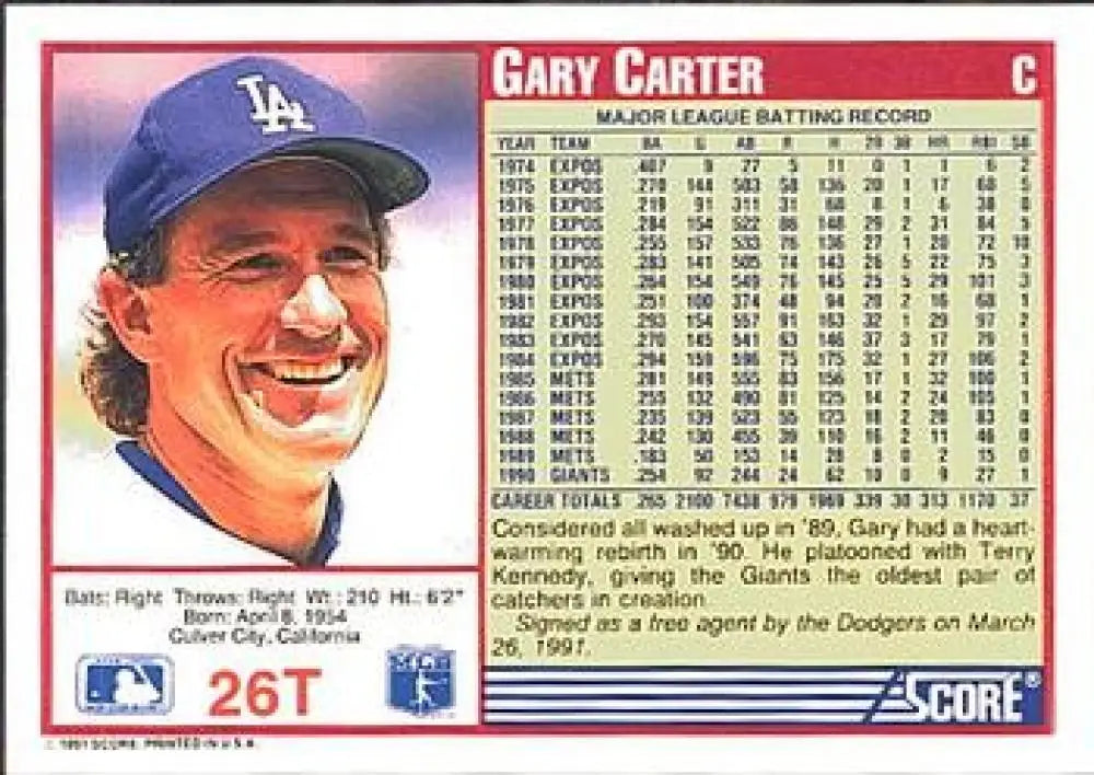 1991 Score Rookie and Traded #26T Gary Carter NM-MT Los Angeles Dodgers Baseball Card - Baseball Card Single