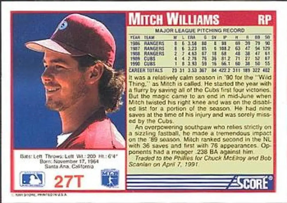 1991 Score Rookie and Traded #27T Mitch Williams NM-MT Philadelphia Phillies Baseball Card - Baseball Card Single
