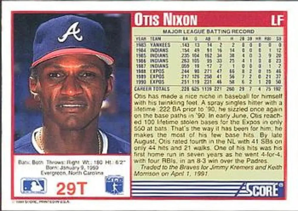 1991 Score Rookie and Traded #29T Otis Nixon NM-MT Atlanta Braves Baseball Card - Baseball Card Single
