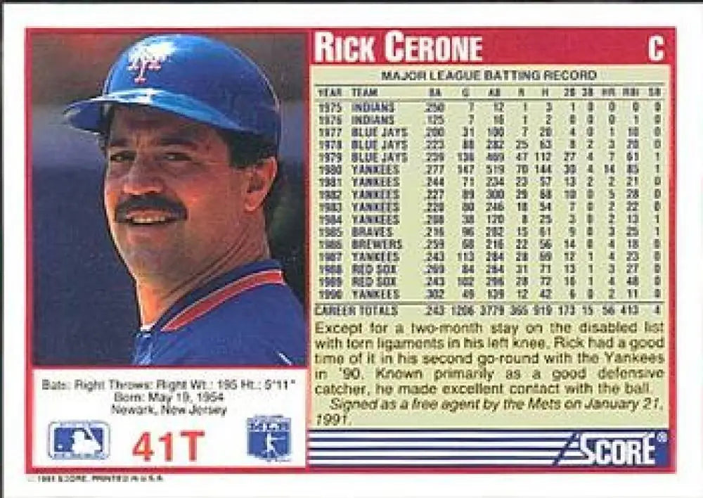 1991 Score Rookie and Traded #41T Rick Cerone NM-MT New York Mets Baseball Card - Baseball Card Single