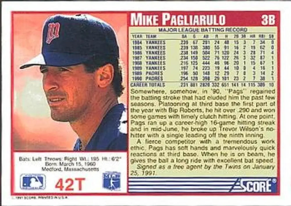 1991 Score Rookie and Traded #42T Mike Pagliarulo NM-MT Minnesota Twins Baseball Card - Baseball Card Single