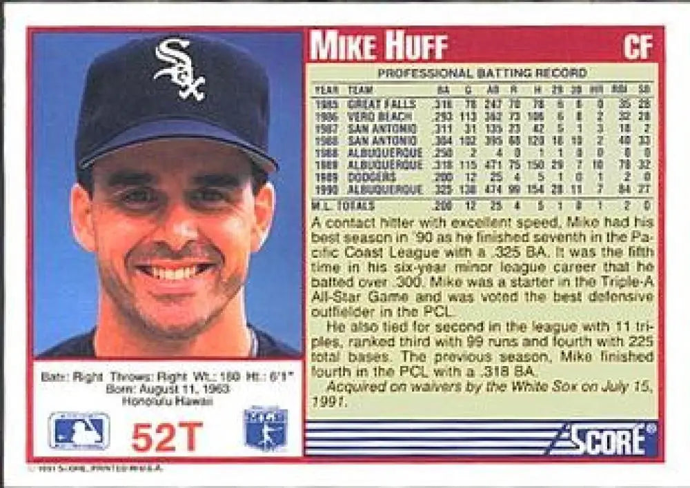 1991 Score Rookie and Traded #52T Mike Huff NM-MT Chicago White Sox Baseball Card - Baseball Card Single