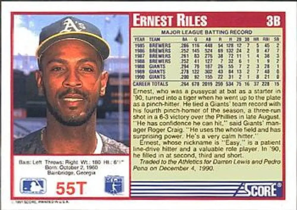 1991 Score Rookie and Traded #55T Ernest Riles NM-MT Oakland Athletics Baseball Card - Baseball Card Single