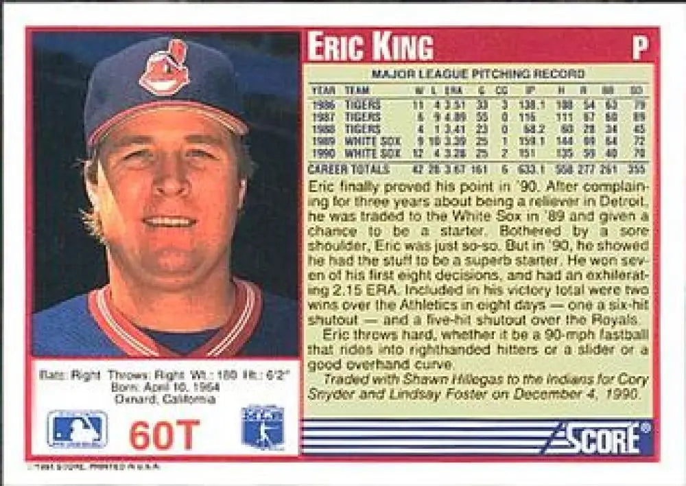 1991 Score Rookie and Traded #60T Eric King NM-MT Cleveland Indians Baseball Card - Baseball Card Single