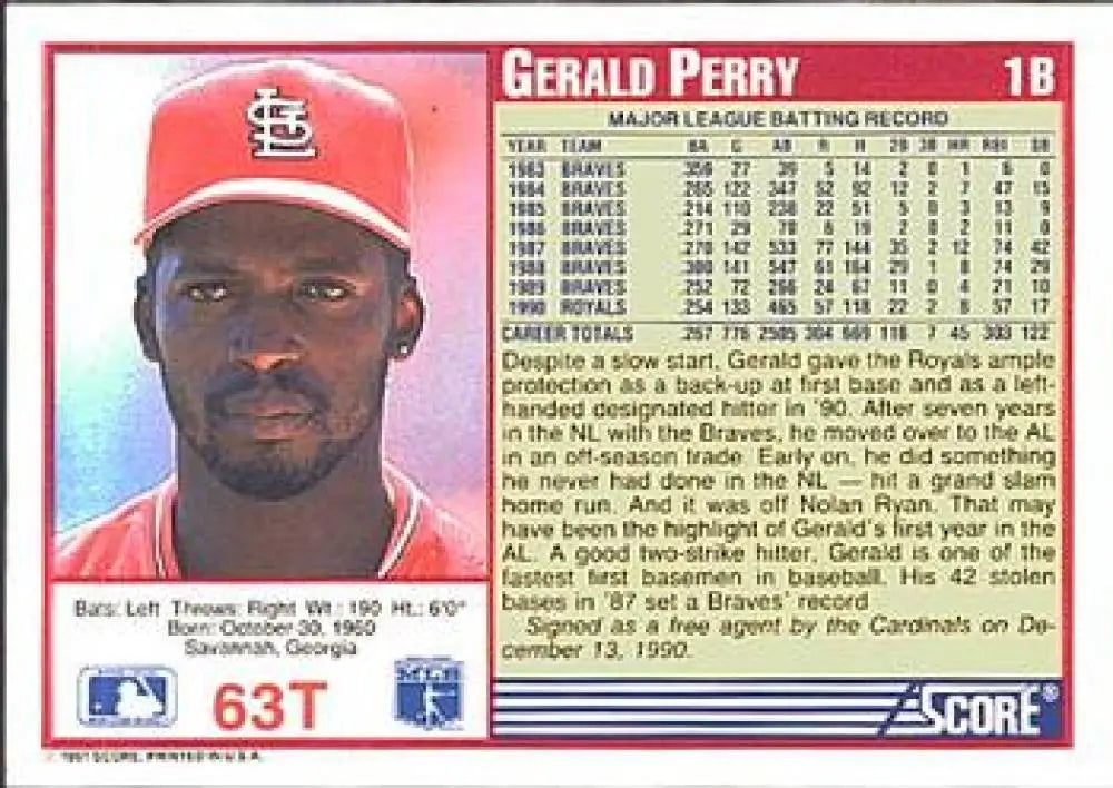 1991 Score Rookie and Traded #63T Gerald Perry NM-MT St. Louis Cardinals Baseball Card - Baseball Card Single