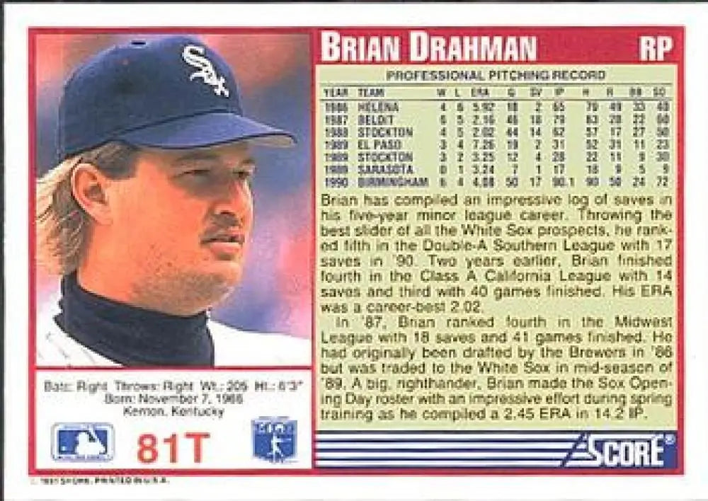 1991 Score Rookie and Traded #81T Brian Drahman NM-MT RC Rookie Chicago White Sox Baseball Card - Baseball Card Single