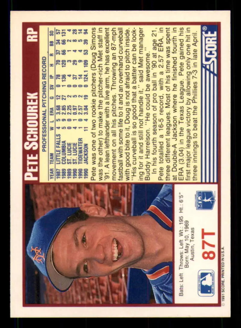1991 Score Rookie and Traded #87T Pete Schourek NM-MT RC Rookie New York Mets Baseball Card - Baseball Card Single