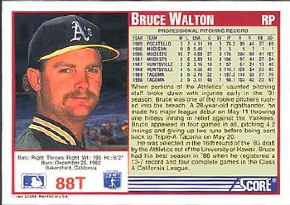 1991 Score Rookie and Traded #88T Bruce Walton NM-MT RC Rookie Oakland Athletics Baseball Card - Baseball Card Single