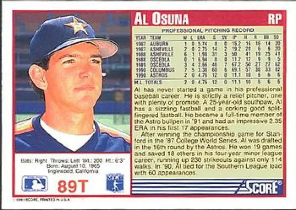 1991 Score Rookie and Traded #89T Al Osuna NM-MT RC Rookie Houston Astros Baseball Card - Baseball Card Single