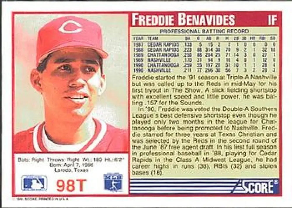 1991 Score Rookie and Traded #98T Freddie Benavides NM-MT RC Rookie Cincinnati Reds Baseball Card - Baseball Card Single