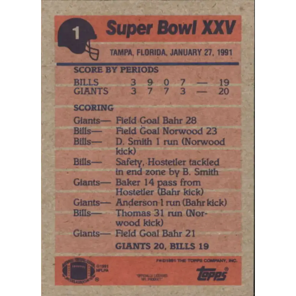 1991 Topps #1 Super Bowl XXV SBXXV NM-MT New York Giants/Buffalo Bills Football Card - Football Card Single