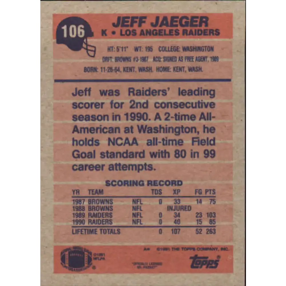 1991 Topps #106 Jeff Jaeger NM-MT Los Angeles Raiders Football Card - Football Card Single