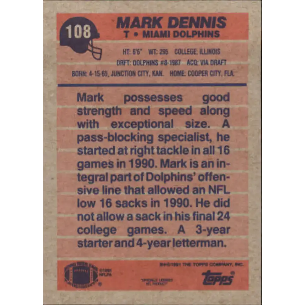 1991 Topps #108 Mark Dennis NM-MT RC Rookie Miami Dolphins Football Card
