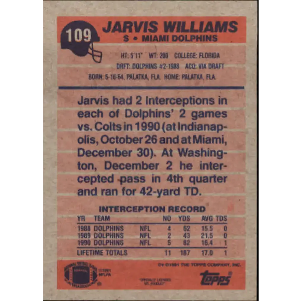1991 Topps #109 Jarvis Williams NM-MT Miami Dolphins Football Card - Football Card Single