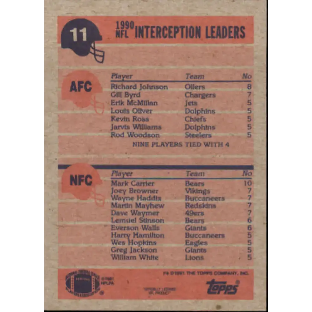 1991 Topps #11 Richard Johnson/Mark Carrier NM-MT Houston Oilers/Chicago Bears Football Card - Football Card Single