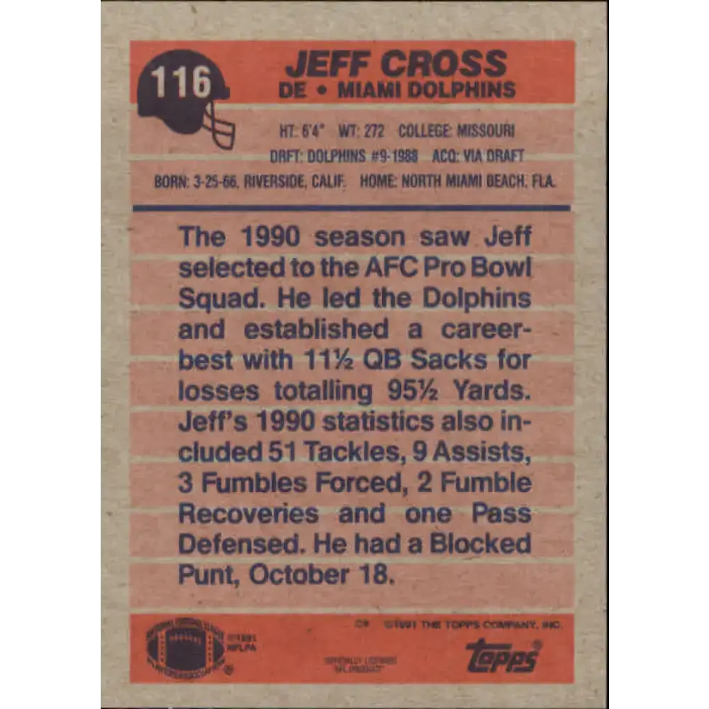 1991 Topps #116 Jeff Cross NM-MT Miami Dolphins Football Card - Football Card Single