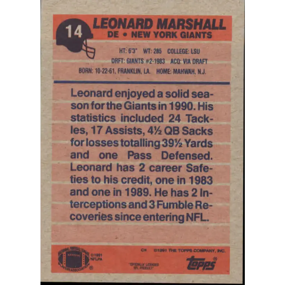 1991 Topps #14 Leonard Marshall NM-MT New York Giants Football Card - Football Card Single