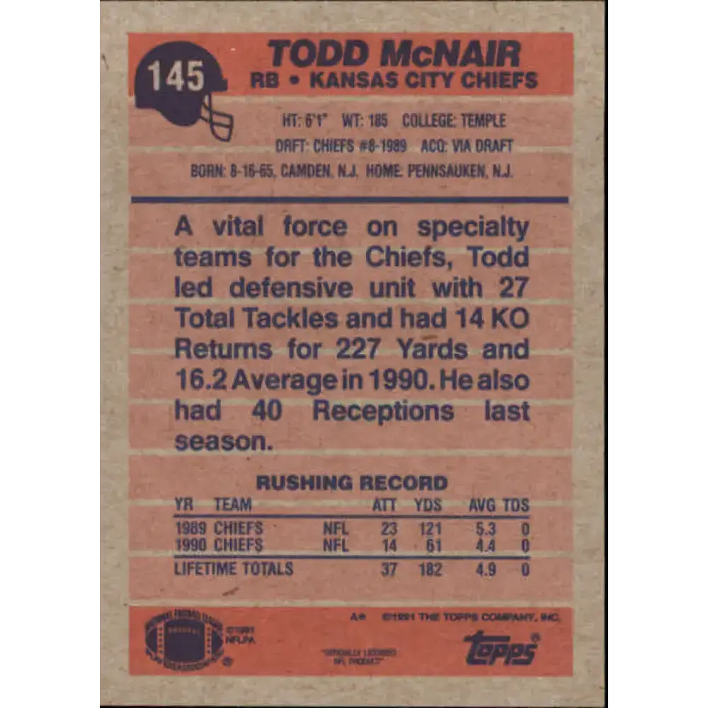 1991 Topps #145 Todd McNair NM-MT Kansas City Chiefs Football Card - Football Card Single