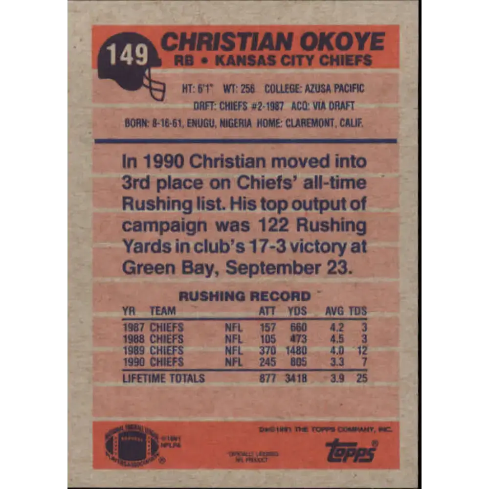 1991 Topps #149 Christian Okoye NM-MT Kansas City Chiefs Football Card - Football Card Single