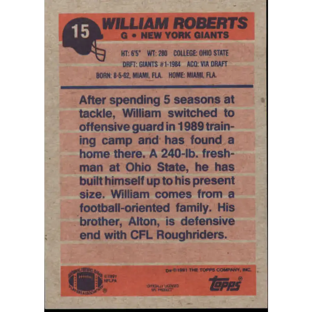 1991 Topps #15 William Roberts NM-MT New York Giants Football Card - Football Card Single