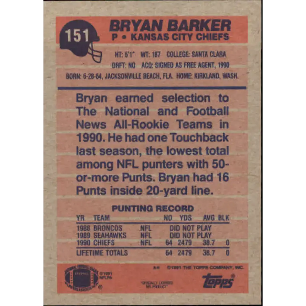 1991 Topps #151 Bryan Barker NM-MT RC Rookie Kansas City Chiefs Football Card - Football Card Single