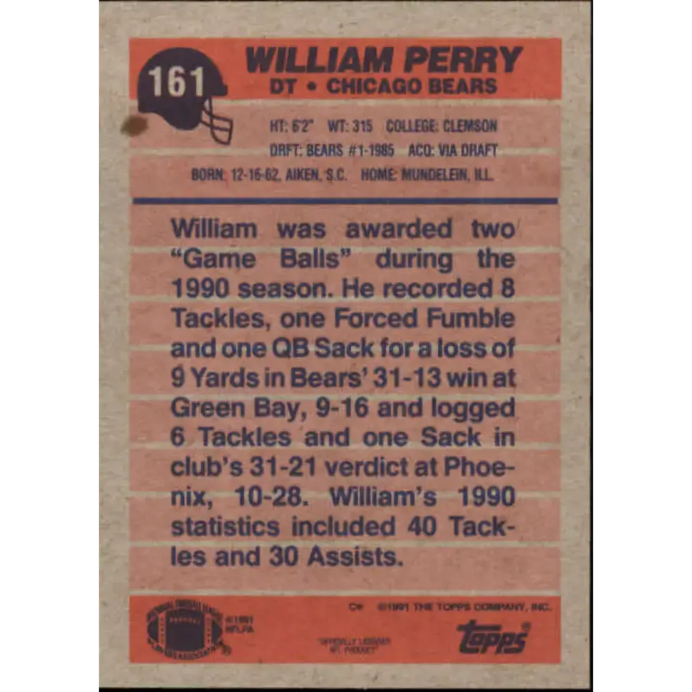 1991 Topps #161 William Perry NM-MT Chicago Bears Football Card - Football Card Single