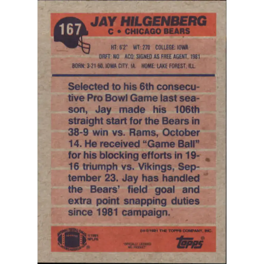1991 Topps #167 Jay Hilgenberg NM-MT Chicago Bears Football Card - Football Card Single