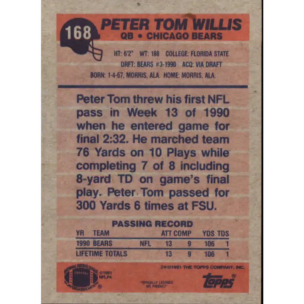 1991 Topps #168 Peter Tom Willis NM-MT Chicago Bears Football Card - Football Card Single