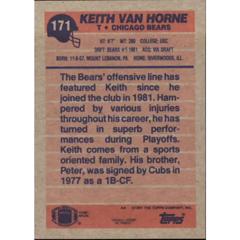 1991 Topps #171 Keith Van Horne NM-MT Chicago Bears Football Card - Football Card Single