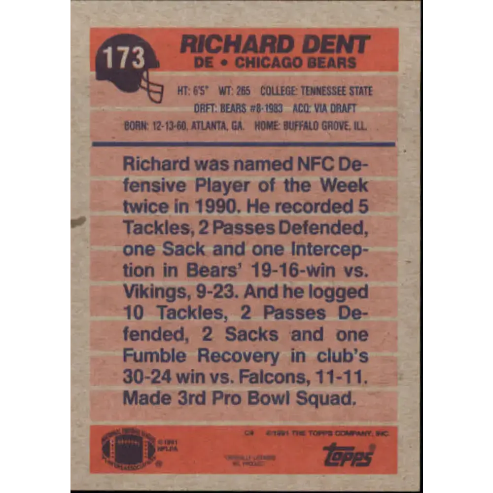 1991 Topps #173 Richard Dent NM-MT Chicago Bears Football Card - Football Card Single
