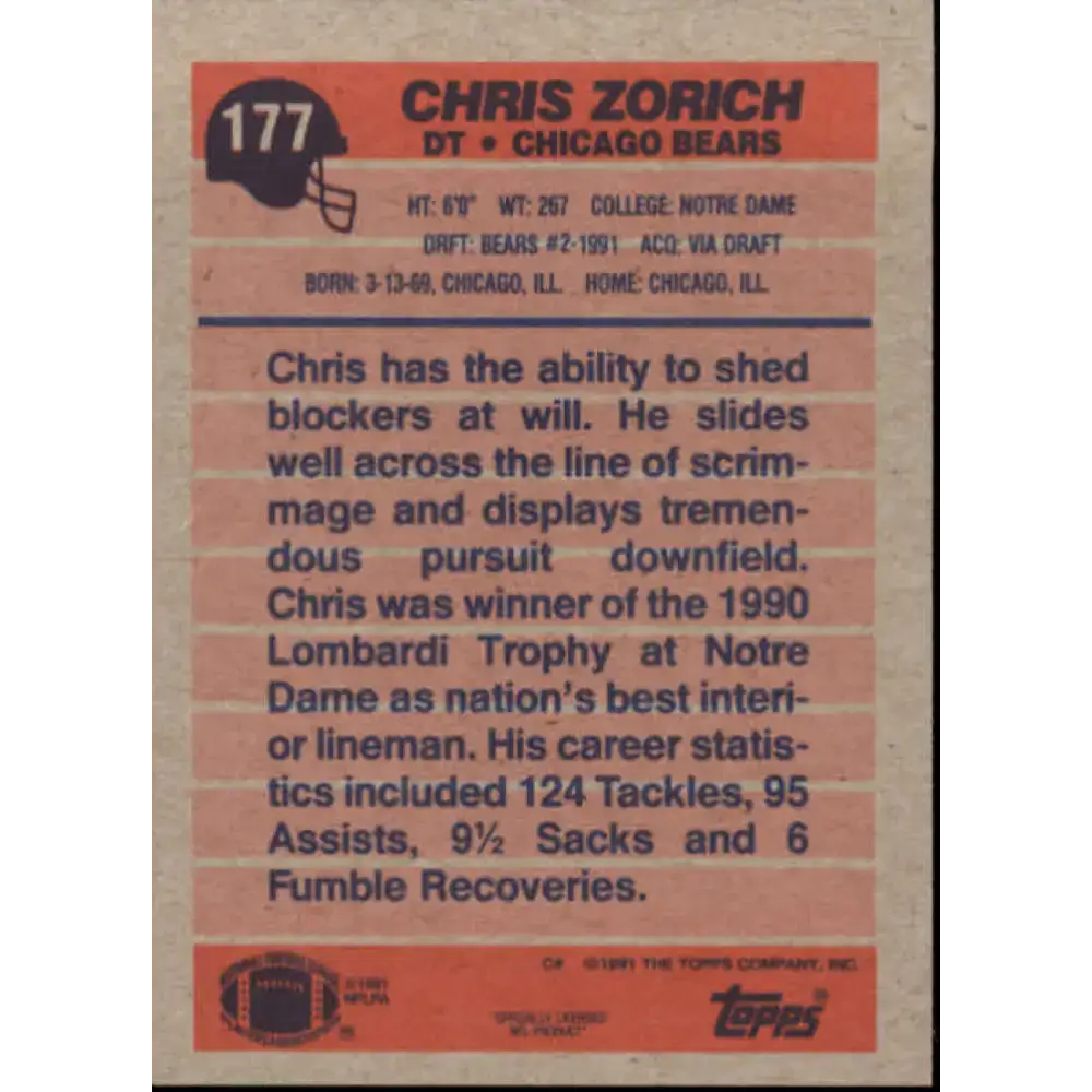 1991 Topps #177 Chris Zorich NM-MT RC Rookie Chicago Bears Football Card - Football Card Single