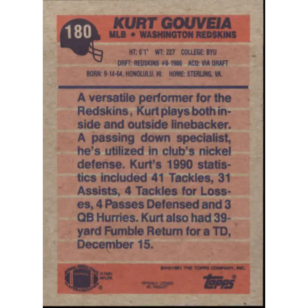 1991 Topps #180 Kurt Gouveia NM-MT RC Rookie Washington Redskins Football Card