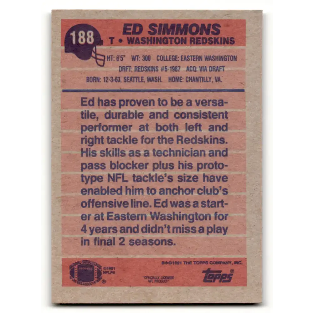 1991 Topps #188 Ed Simmons NM-MT Washington Redskins Football Card - Football Card Single