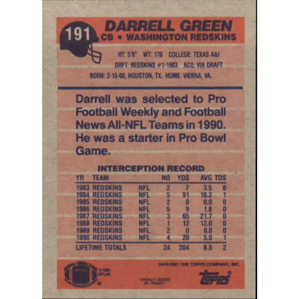 1991 Topps #191 Darrell Green NM-MT Washington Redskins Football Card - Football Card Single