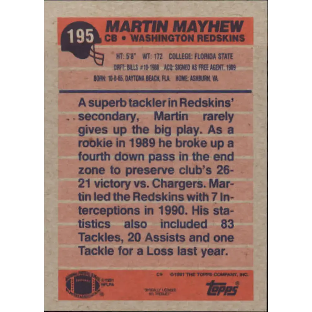 1991 Topps #195 Martin Mayhew NM-MT Washington Redskins Football Card - Football Card Single