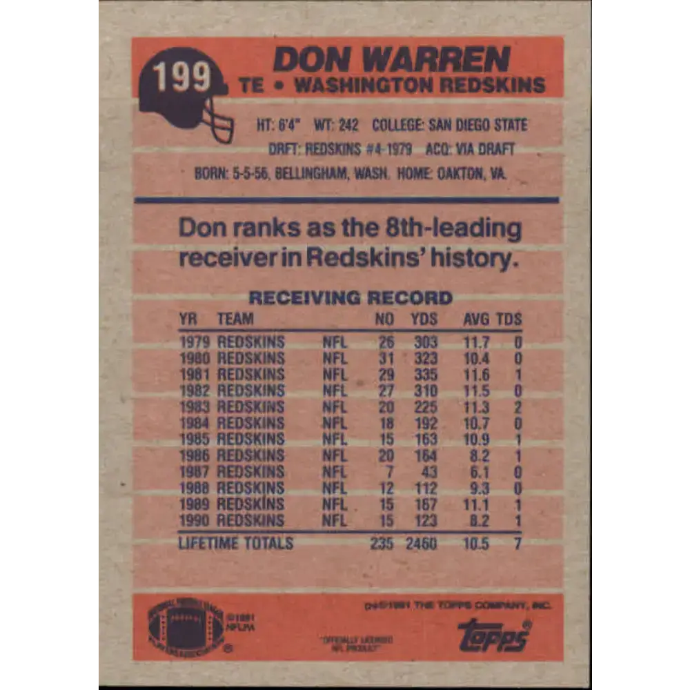 1991 Topps #199 Don Warren NM-MT Washington Redskins Football Card - Football Card Single